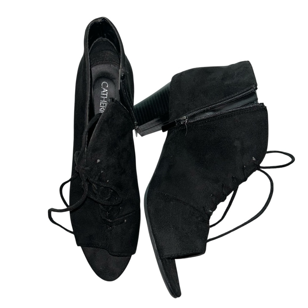 Catherines Black Lace Up Open Toe Ankle Boots Size 9.5W Whimsigoth Biker